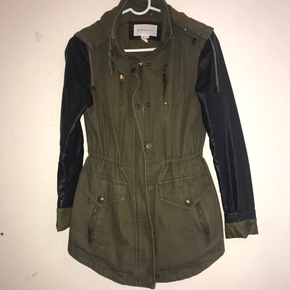 Bcbg generation army green jacket pleather sleeves